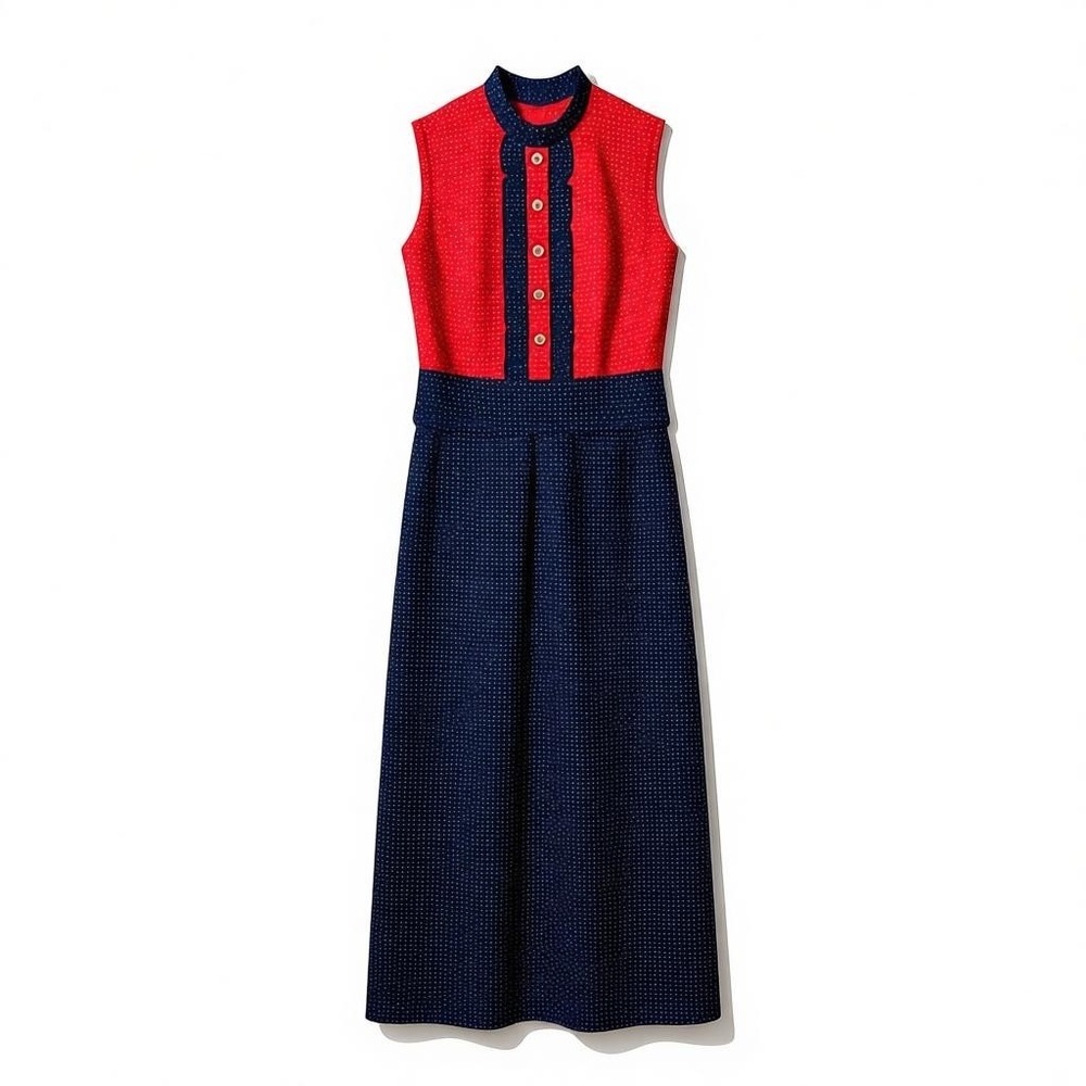 Vintage 70s Bayberry Prairie‎ Maxi Dress Pin Dot Polka Ruffle Americana Red Blue